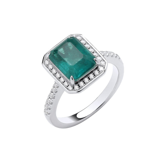 Silver Cubic Zirconias & Green Fusion Stone Centre In Emerald Cut Ring