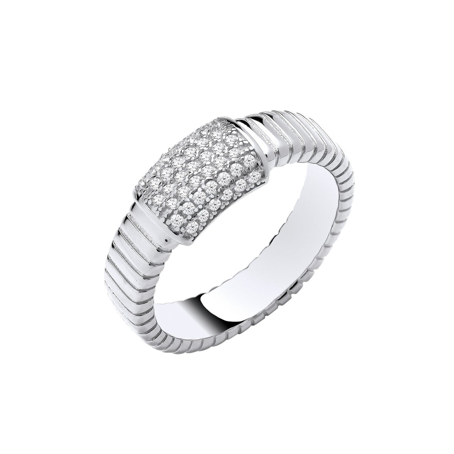 Silver Ribbed Link With Cubic Zirconia Id Plate Ring