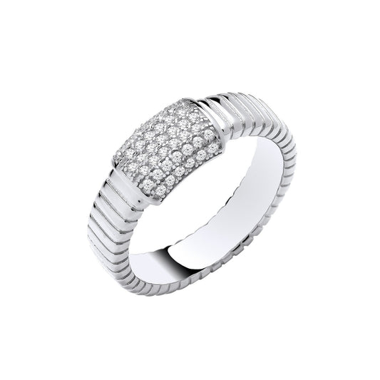 Silver Ribbed Link With Cubic Zirconia Id Plate Ring