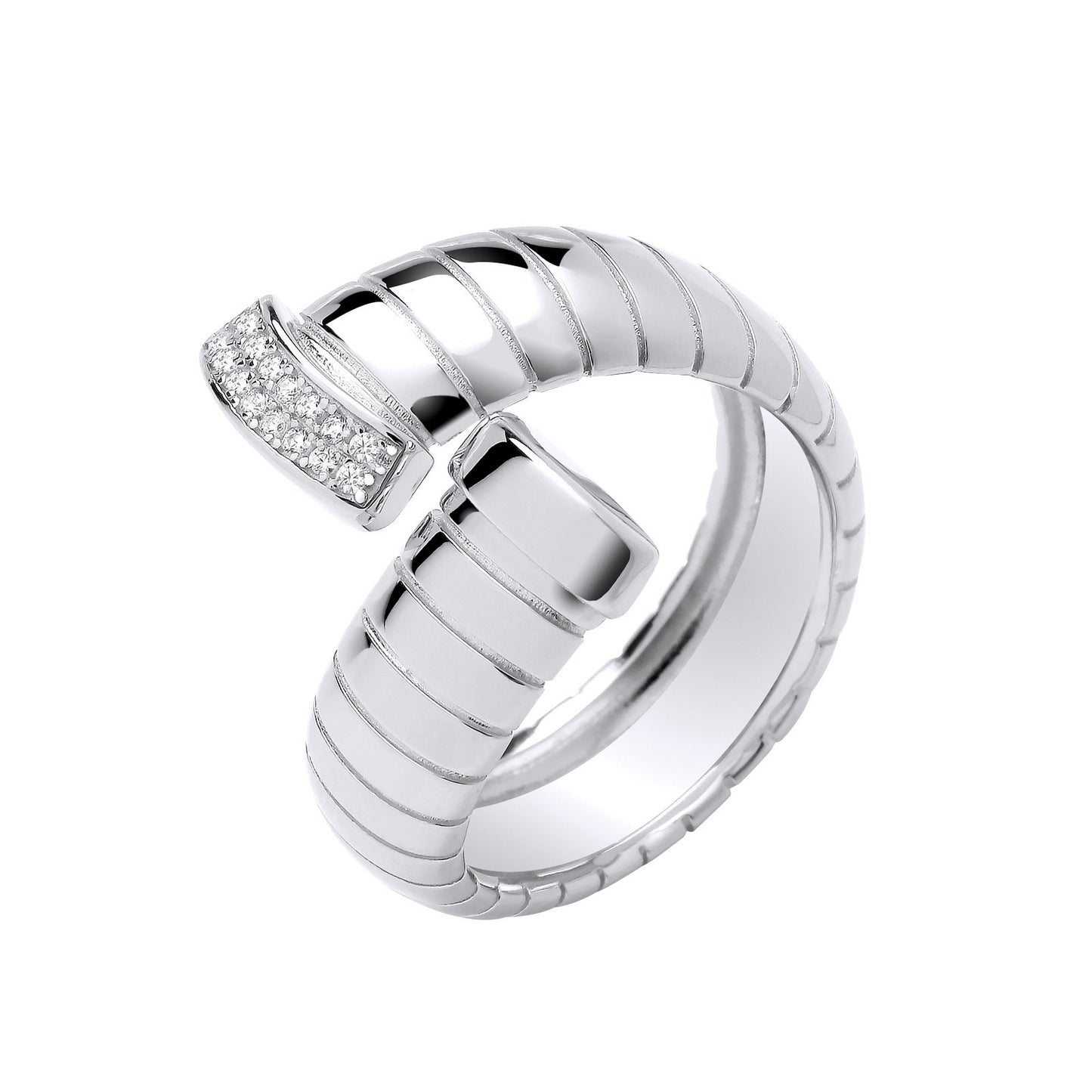 Silver Ribbed Cross-over Cubic Zirconia Ring