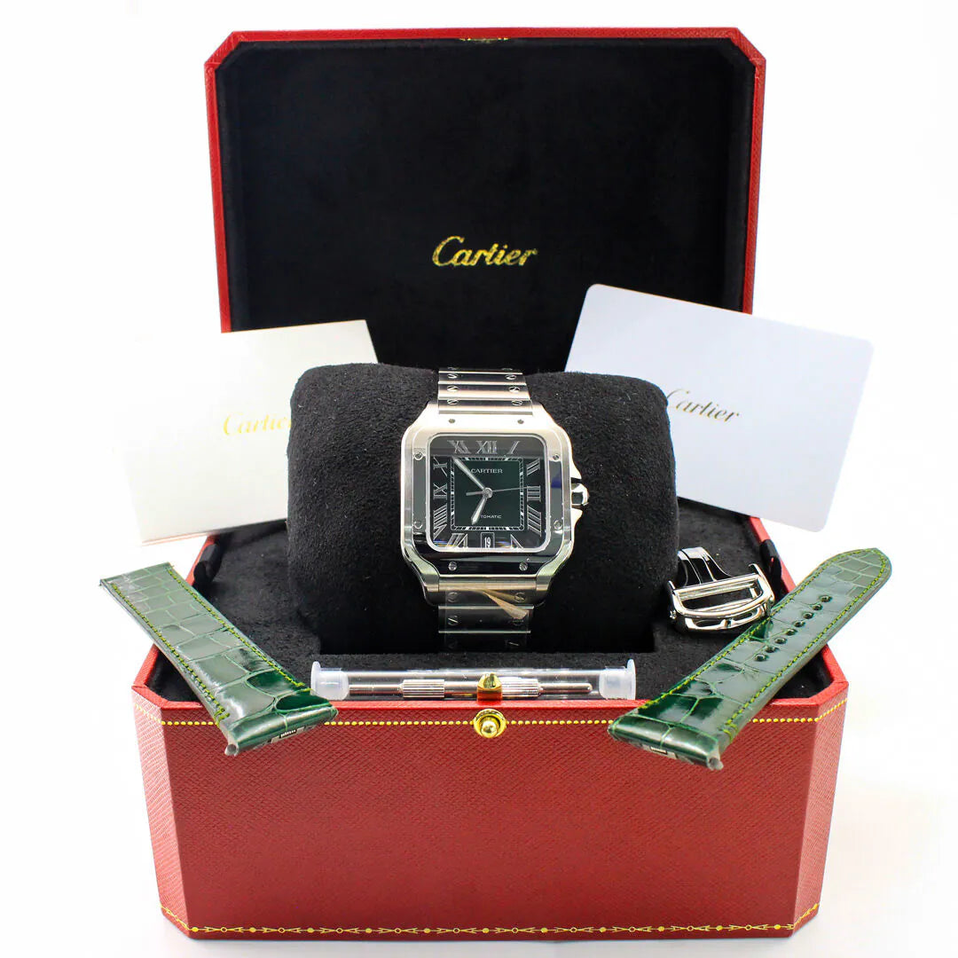 Cartier Santos De Cartier WSSA0062 Large Green Sunburst Dial 2025 Cartier watch with green strap in a red box on a white background
