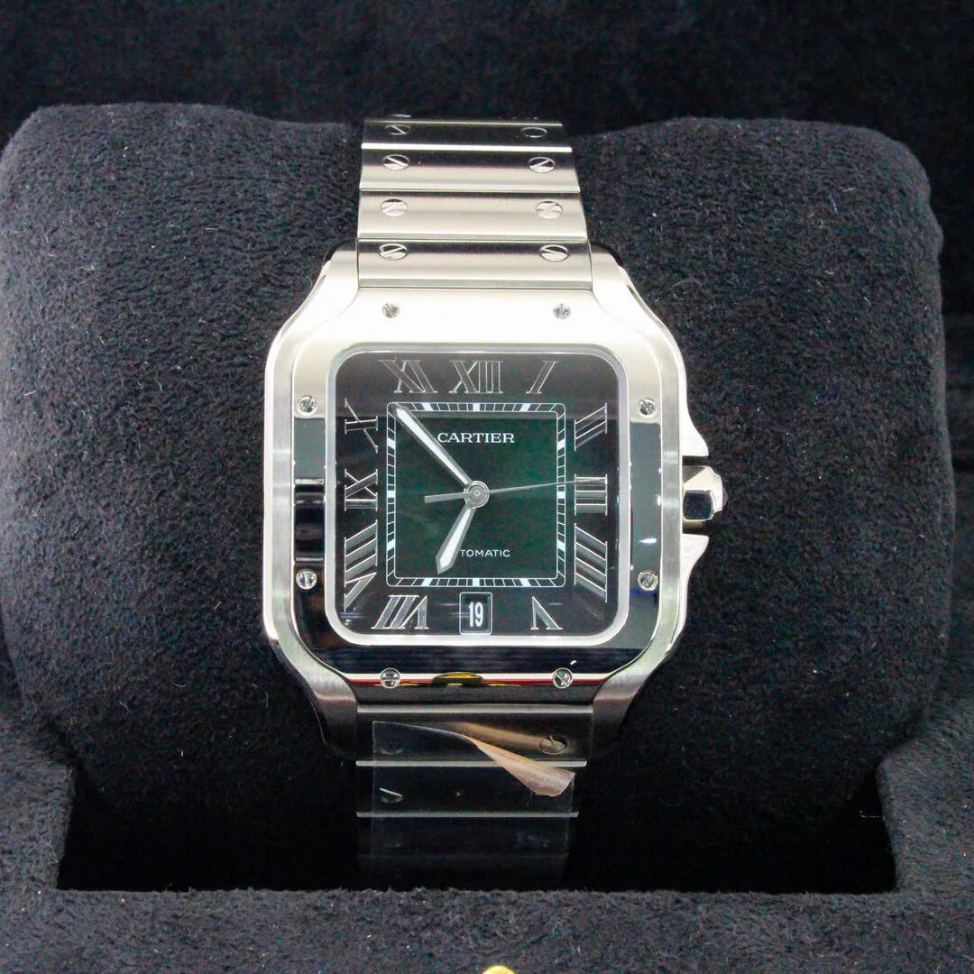 Cartier Santos De Cartier WSSA0062 Large Green Sunburst Dial 2025 Cartier watch on a black cushion