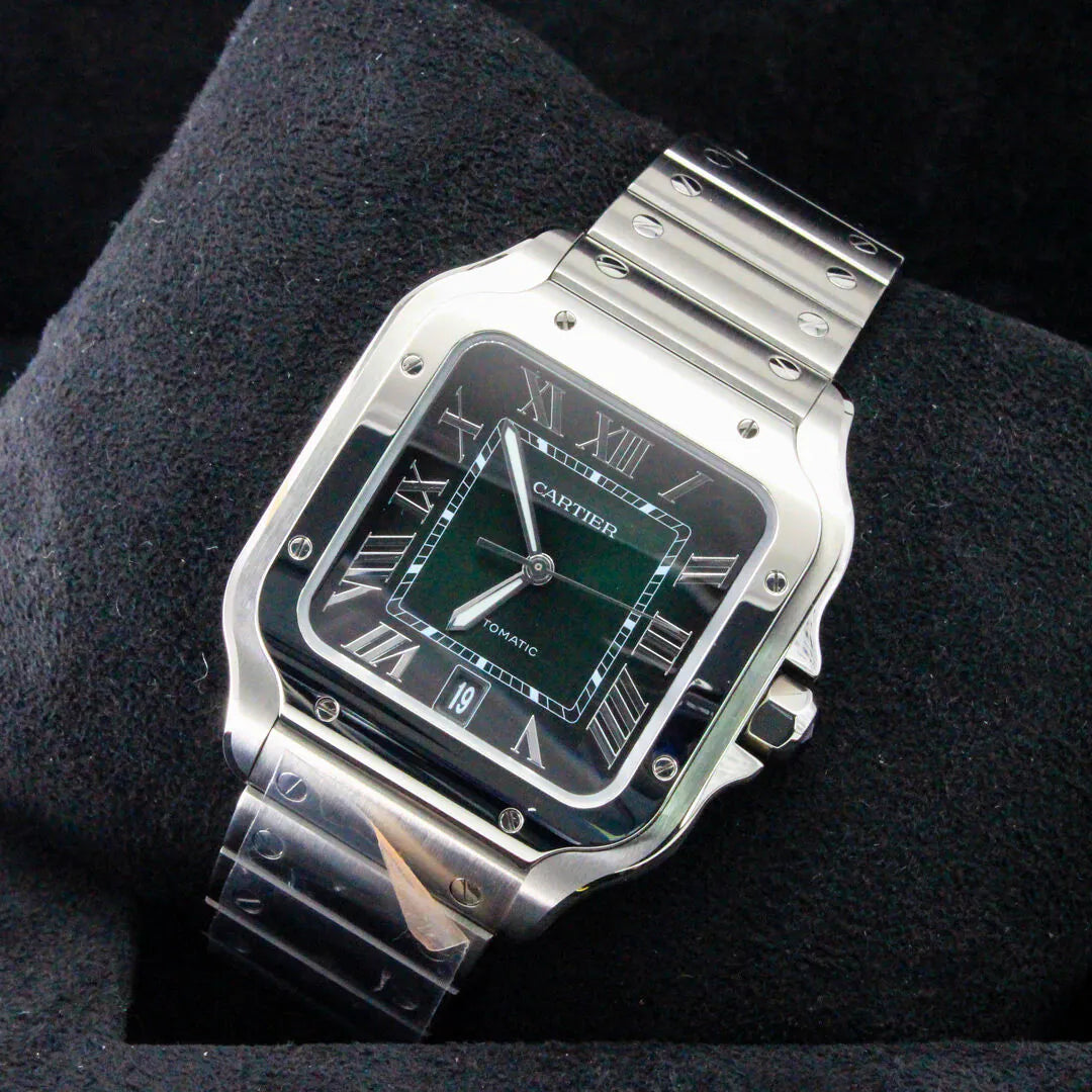 Cartier Santos De Cartier WSSA0062 Large Green Sunburst Dial 2025 Cartier watch on a dark background