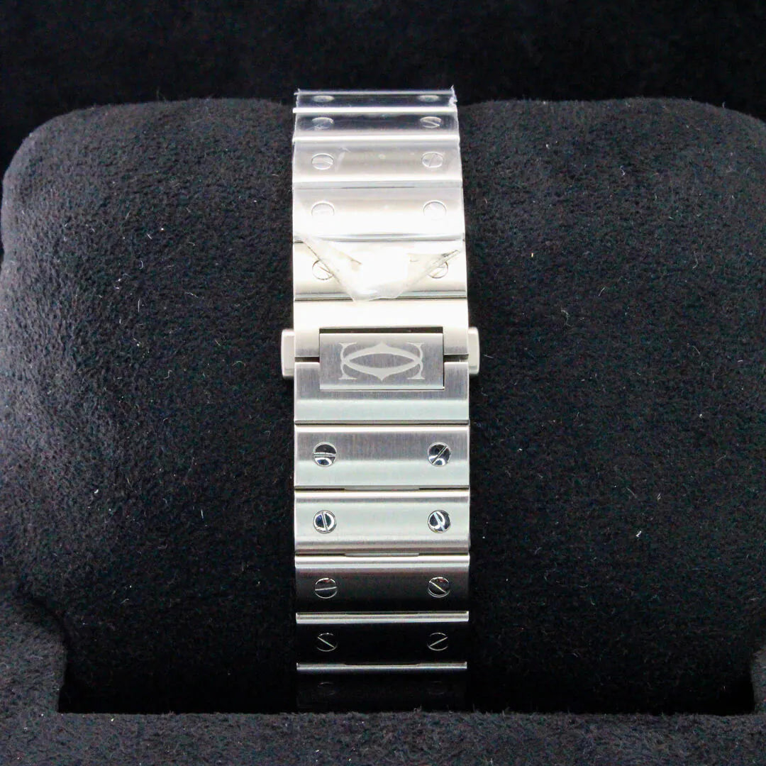 Cartier Santos De Cartier WSSA0062 Large Green Sunburst Dial 2025 Silver metal bracelet on a black cushion