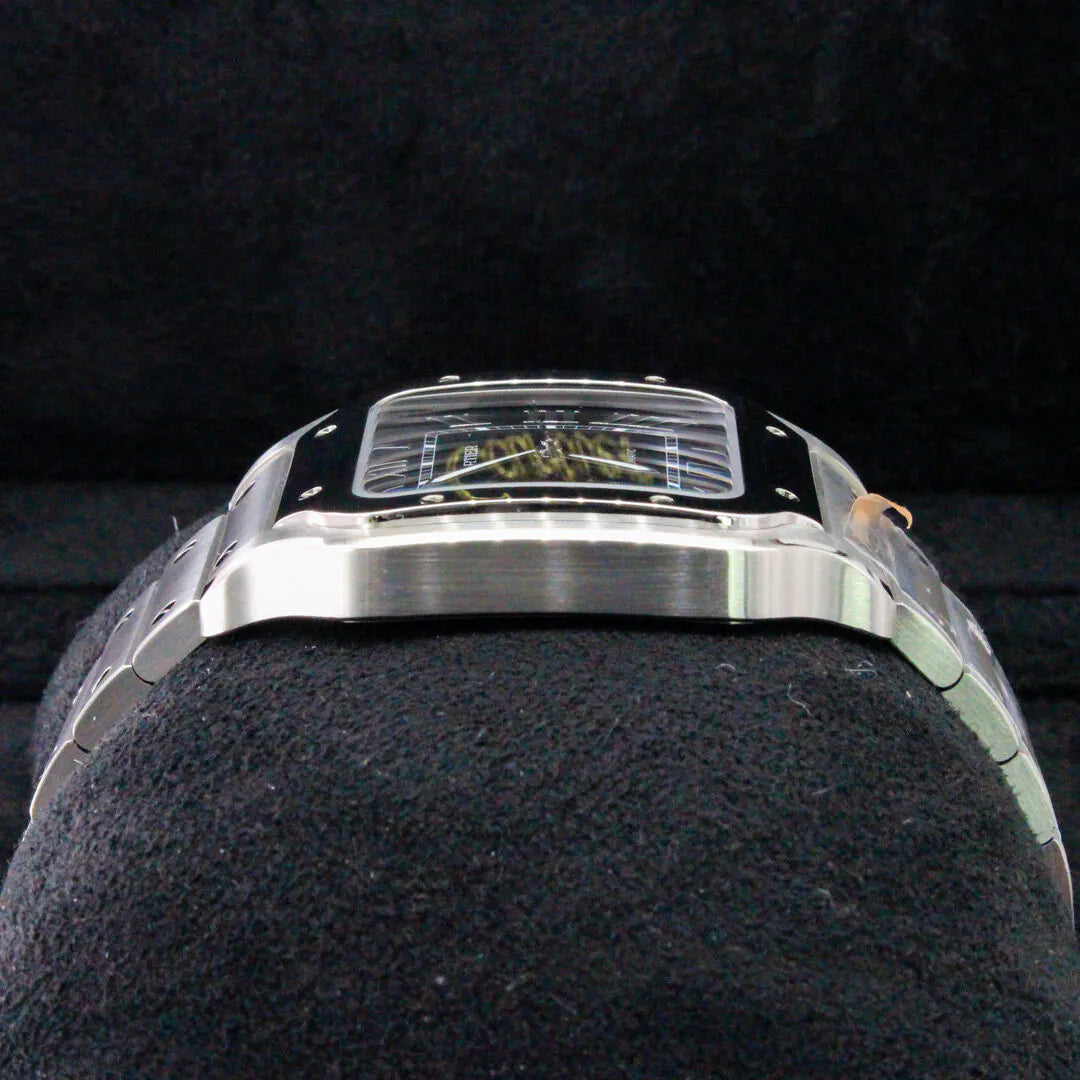 Cartier Santos De Cartier WSSA0062 Large Green Sunburst Dial 2025 Close-up of a silver watch on a dark background