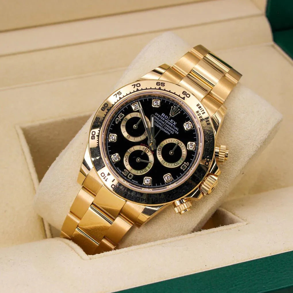 Rolex Cosmograph Daytona 116508 Black Diamond Dial Gold watch with black dial in a display case