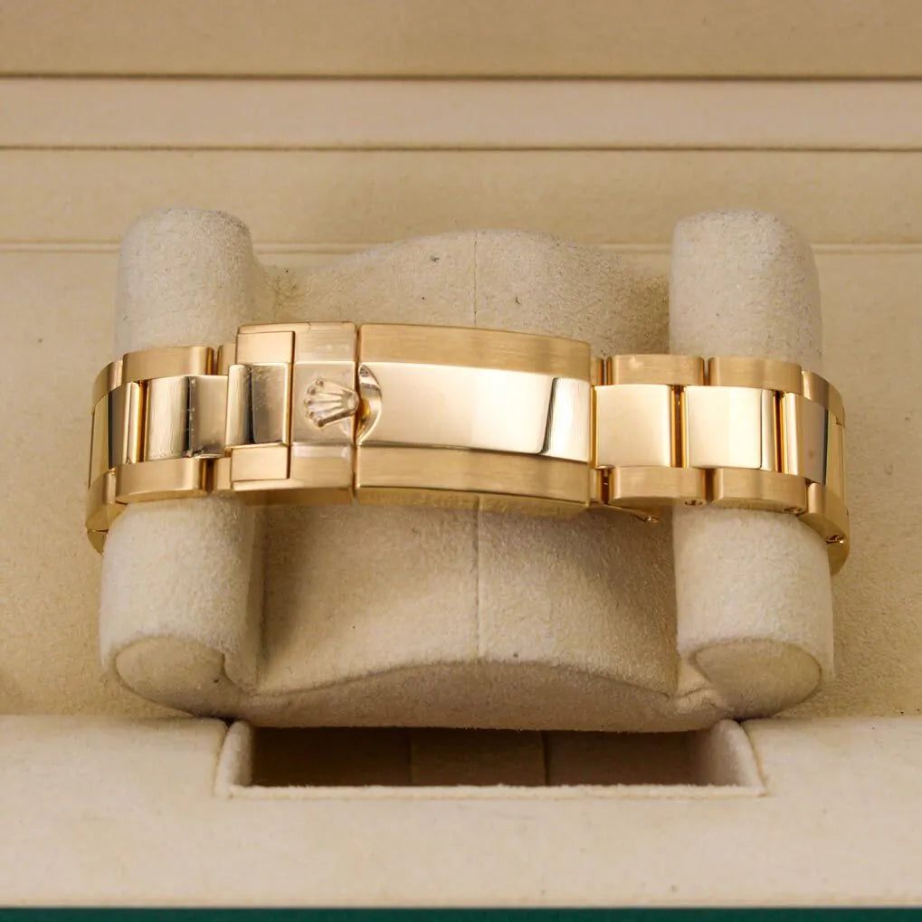 Rolex Cosmograph Daytona 116508 Black Diamond Dial Gold bracelet on a display stand with a neutral background