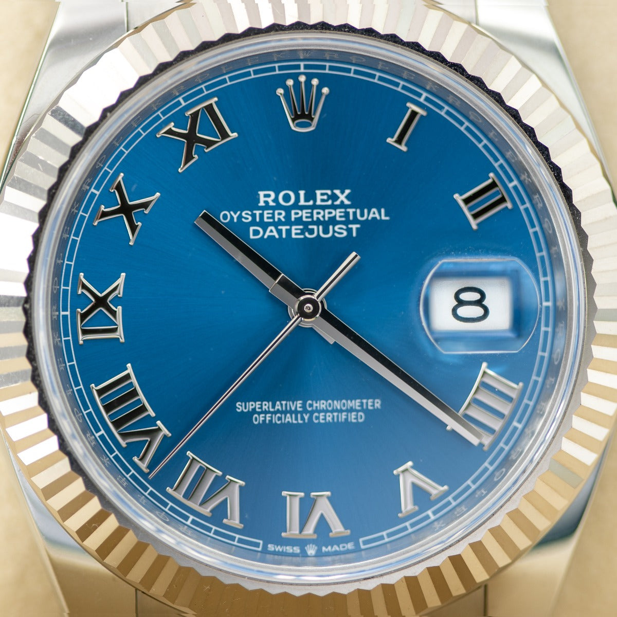Rolex DateJust 41 126334 Blue Azzurro Dial Oyster Bracelet 2024 Silver Rolex watch with a blue face on a white background