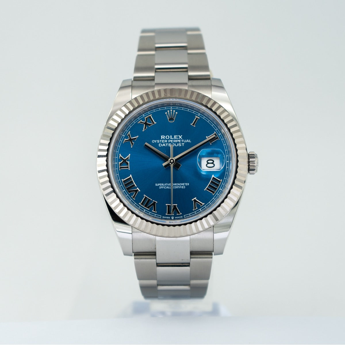 Rolex DateJust 41 126334 Blue Azzurro Dial Oyster Bracelet 2024 Silver Rolex watch with a blue face on a white background