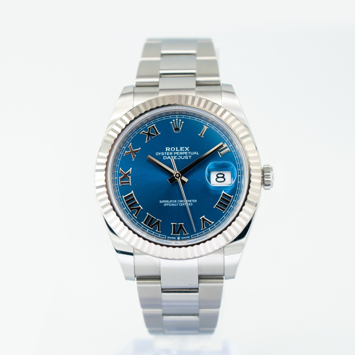 Rolex DateJust 41 126334 Blue Azzurro Dial Oyster Bracelet 2024 Silver Rolex watch with a blue face on a white background